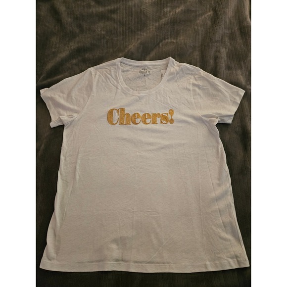 J. Crew Tops - J.Crew Collector Tee White Gold Glitter Cheers Graphic T-Shirt Large NEW